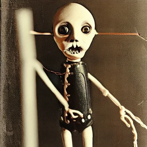 Image similar to female, creepy marionette puppet, horrific, unnerving, clockwork horror, pediophobia, lost photograph, dark, forgotten, final photo found before disaster, polaroid,