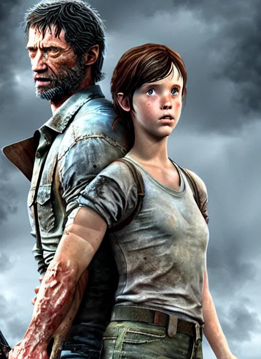 Image similar to hugh jackman as joel from the last of us standing with millie bobby brown as ellie, character concept art, hyperrealistic, detailed, accurate illustration, dramatic lighting