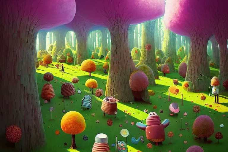 Image similar to inside a marshmallow forest in an ice cream valley, summer morning, very coherent and colorful high contrast, art by!!!! gediminas pranckevicius!!!!, geof darrow, dark shadows, hard lighting