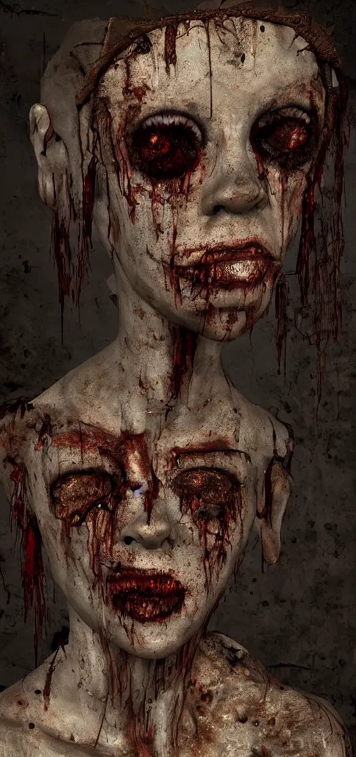 Image similar to old (((rotting))) mannequin staring at center of screen with ((((wide large eyes)))), horror art, body horror, disturbing, intense, artstation, dramatic, scary, 4K, realistic, dark,