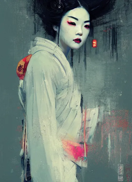 Image similar to female geisha girl, beautiful face, neon, rule of thirds, intricate outfit, spotlight, by greg rutkowski, by jeremy mann, digital painting