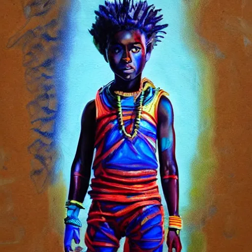 Image similar to a realistic painting of an african kid with cyberpunk and afrofuturist blue clothes, highly detailed, afrofuturist, cyberpunk, photorealistic.