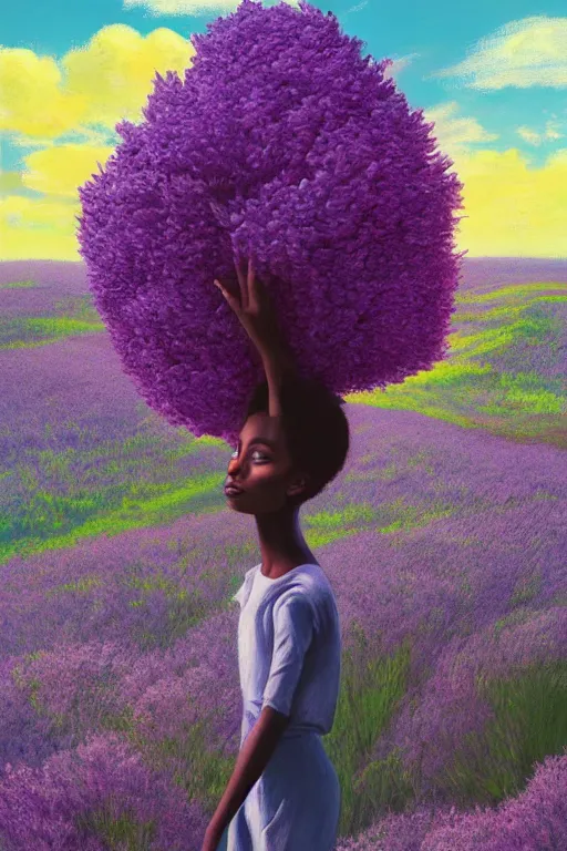 Prompt: portrait, giant lilac flower as head, black girl in heather field, surreal photography, golden hour, colorful clouds, impressionist painting, digital painting, artstation, simon stalenhag