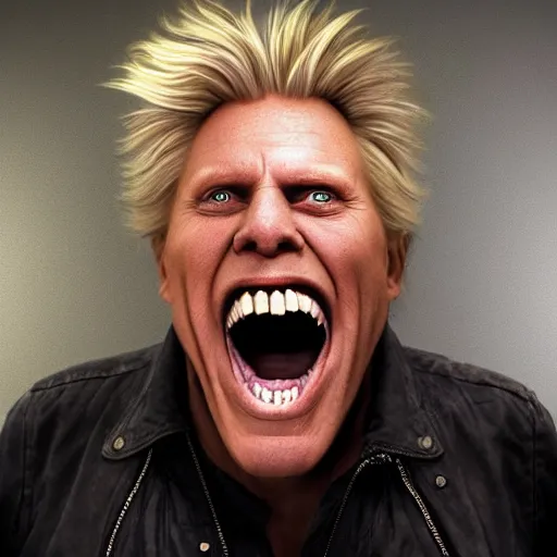 Image similar to hyperrealistic mixed media image of gary busey screaming at a mirror, stunning 3 d render inspired art by xiang duan and thomas eakes and greg rutkowski, perfect facial symmetry, hyper realistic texture, realistic, highly detailed attributes and atmosphere, dim volumetric cinematic lighting, 8 k octane detailed render, post - processing, masterpiece,