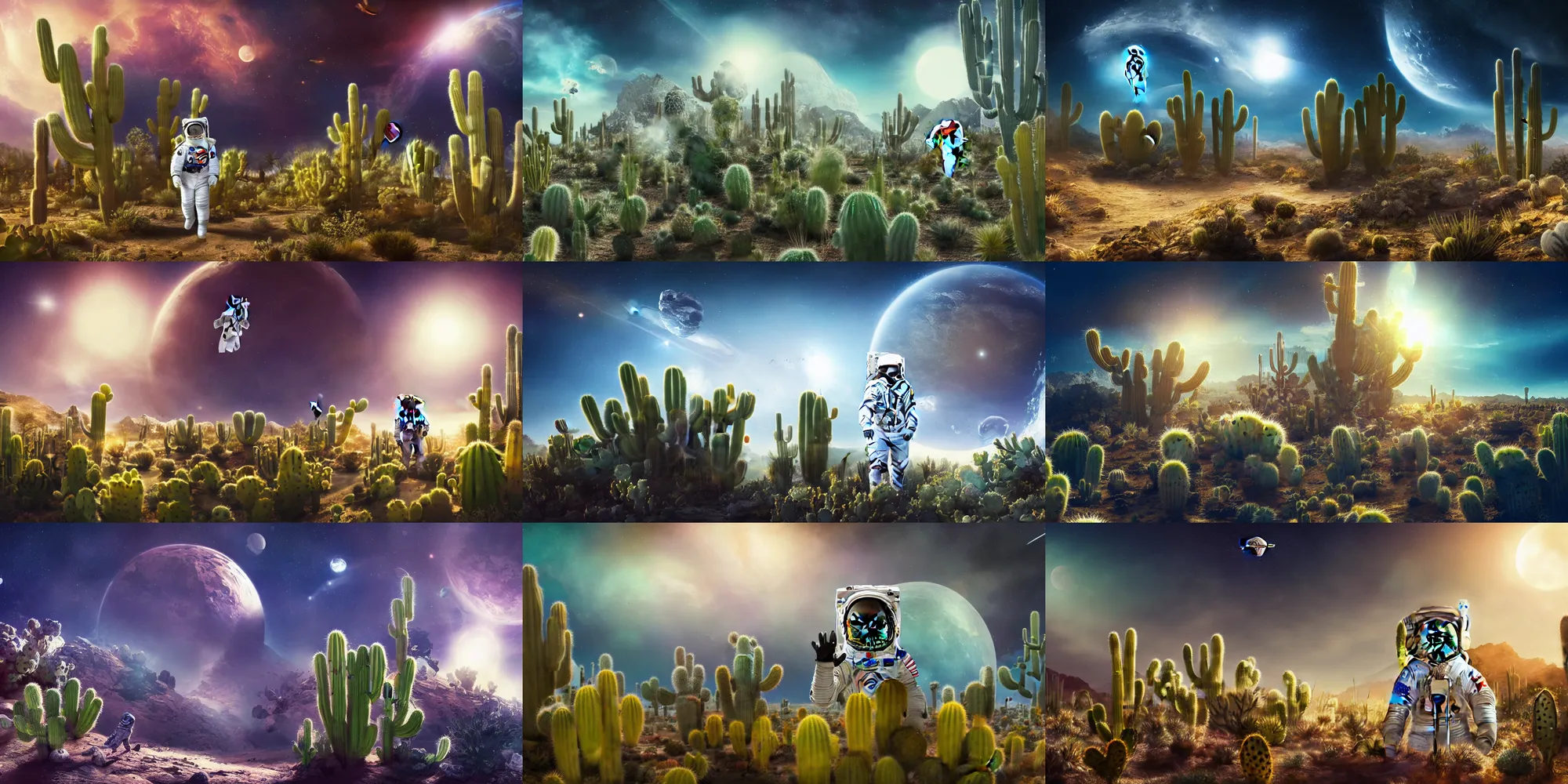 Prompt: An astronaut cat in a space suit on a planet with a lot of cactuses, beautiful digital art, dramatic volumetric lighting, epic composition, high detail, 4K Ultra HD