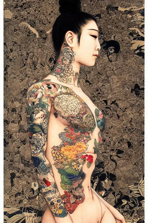 Prompt: portrait of yakuza girl with tattoo, highly detailed, artstation, illustration, art by Gustav Klimt