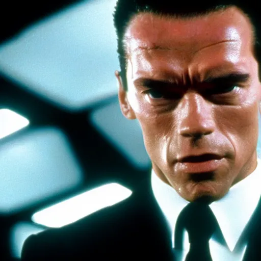 Prompt: Arnold Schwarzenegger as Agent Smith in the movie Matrix (1999)