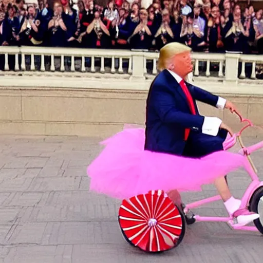 Image similar to donald trump in a ballerina in a tricycle, crying, 4k hd