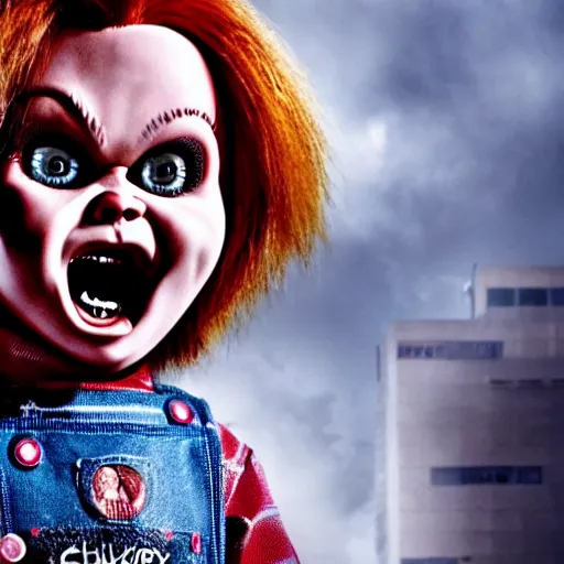 Image similar to Chucky the killer doll movie still 8k hdr scary lighting