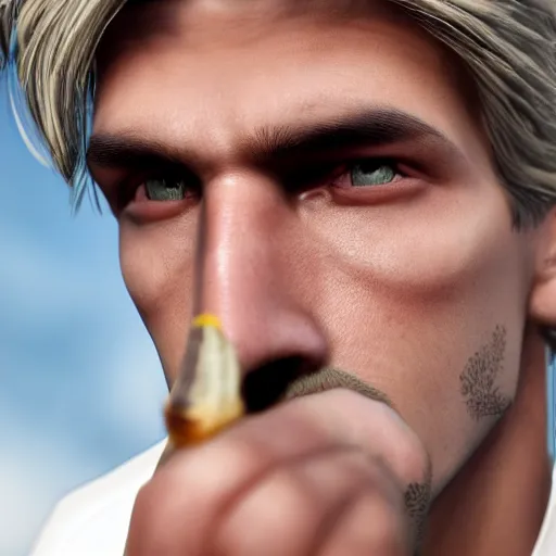 Image similar to a closeup photo of handsome gigachad xqc smoking a cigar, 8k photorealism, extremly detailed, trending on artstation