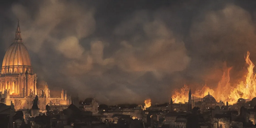 Prompt: photography of Basilica of St Peter collapsing in flames and dark smoke, vfx by weta digital, cinematic, rule of thirds, golden ratio, evening, photography by Annie Leibovitz