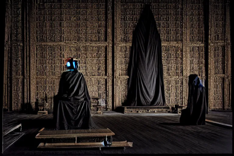 Prompt: vampire queen sitting on a wooden throne in the abandoned buddhist temple, omnious, eerie, magnificent, wow, intricate, analog photo, by nicola samori, by ryoji ikeda