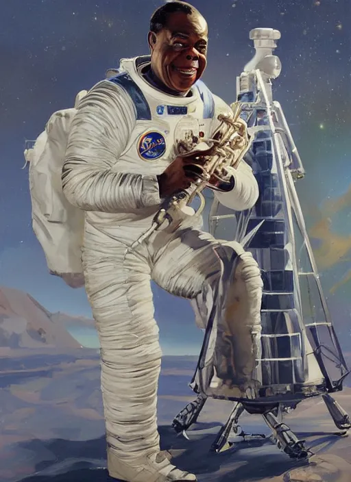 Prompt: a portrait of louis armstrong wearing a space suit on the moon, ( ( ( ( ( trumpet ) ) ) ) ), by greg manchess and john singer sargent and jonathan yeo, dramatic lighting, highly detailed digital painting