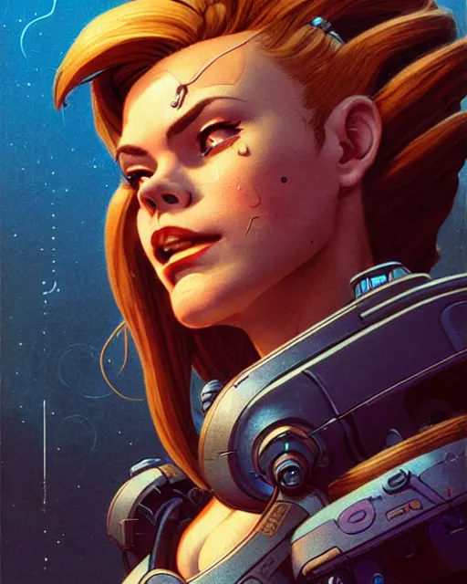 Image similar to brigitte from overwatch, character portrait, portrait, close up, concept art, intricate details, highly detailed, vintage sci - fi poster, retro future, in the style of chris foss, rodger dean, moebius, michael whelan, and gustave dore