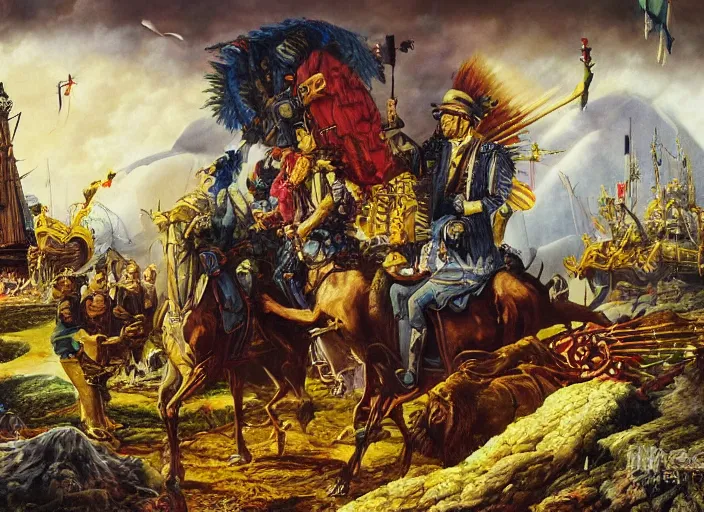 Prompt: a surreal painting of imperialism by Hans Zatzka, facebook, fascist, USA, 1984, aesthetically pleasing composition, masterpiece, 4k, 8k, ultra realistic, dramatic lighting, smooth, sharp focus, extremely detailed