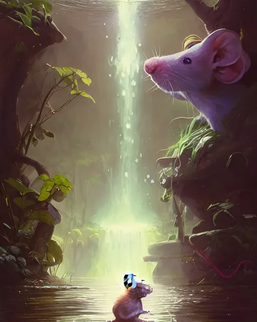 Prompt: highly detailed vfx portrait of a cute little rat casting water magic, unreal engine, greg rutkowski, loish, rhads, beeple, makoto shinkai and lois van baarle, ilya kuvshinov, rossdraws, tom bagshaw, alphonse mucha, global illumination, detailed and intricate environment