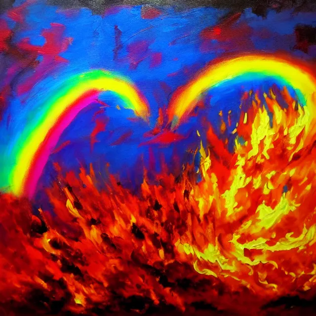 Prompt: cross fire burning in flames, rainbow colors, oil painting, bold strokes