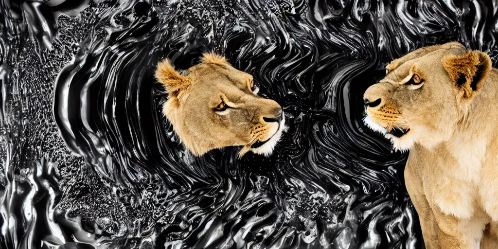 Prompt: a lioness made of ferrofluid bathing inside the bathtub full of ferrofluid on a photography studio, dripping and drooling ferrofluid. dslr, wrinkles, ferrofluid, photography