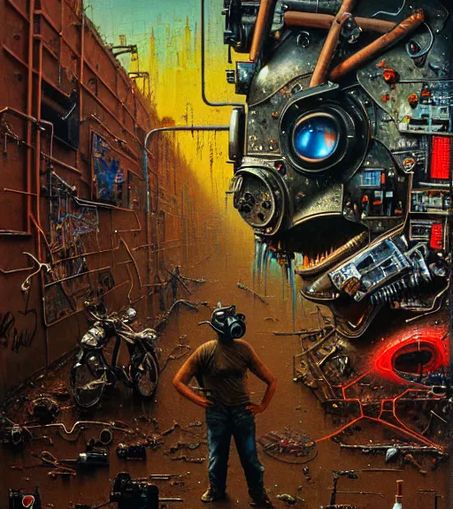 Prompt: junky men spraying huge graffiti, cybertronic gadgets and vr helmet, flesh + technology, durty colours, night, rotten textures, rusty shapes, biotechnology, norman rockwell, tim hildebrandt, wayne barlow, bruce pennington, larry elmore, oil on canvas, deep depth field, masterpiece, cinematic composition, hyper - detailed, hd, hdr