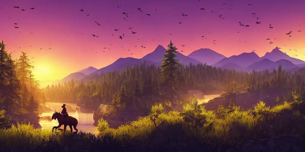 Image similar to A majestic landscape featuring a river, mountains and a forest. A group of birds is flying in the sky. There is man on a horse They are both staring at the sunset. Cinematic, very beautiful, painting in the style of firewatch