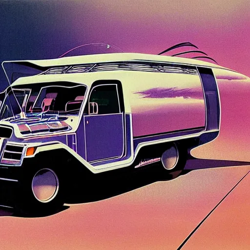 Prompt: retro futuristic jeepney by syd mead