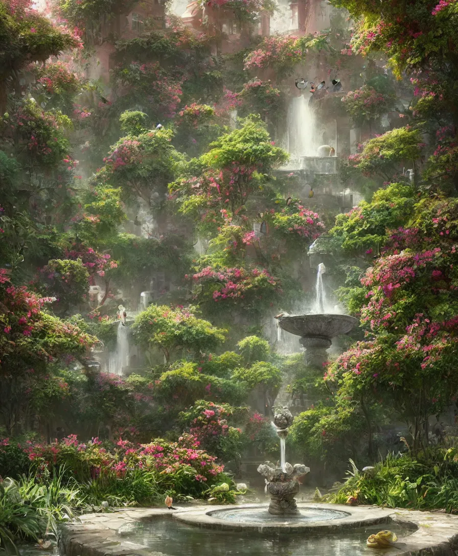 Prompt: Hyperrealistic Secret flower garden, water fountain, birds flying, fantasy, highly detailed, digital painting, trending artstation, concept art, illustration, art by Greg Rutkowski, octane render