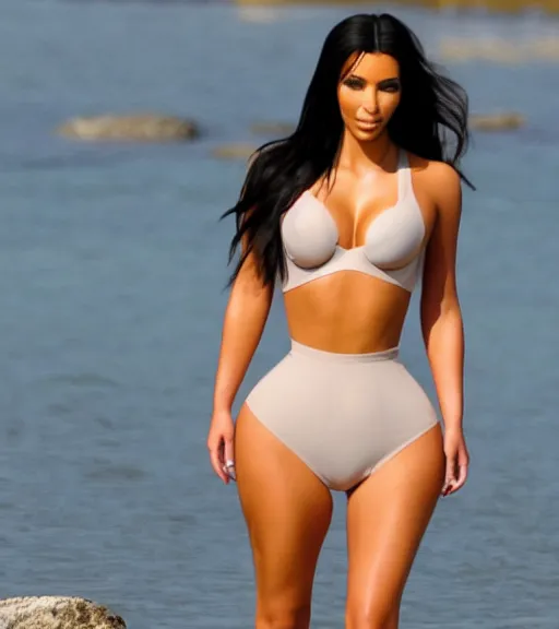 Image similar to rear waist still of kim kardashian wearing a high tightly fitted thong, standing by a lake, intricate, elegant, highly detailed, smooth, sharp focus.