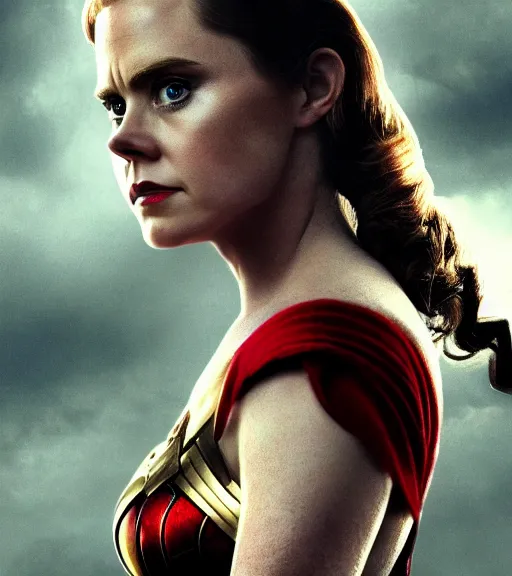 Image similar to a potrait of Amy Adams potrayed as Wonder Woman, Directed by Zack Snyder, Christopher Nolan, Sam Raimi, 8k photorealistic, cinematic lighting, HD, high details, dramatic, trending on artstation, above view, dark atmosphere,