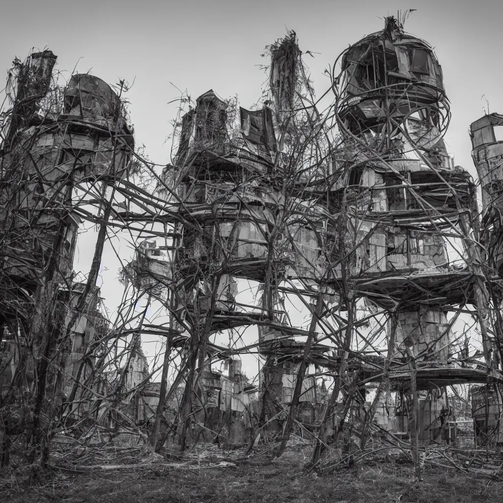 Prompt: a circular tower, made up of makeshift squatter shacks, dystopia, sony a 7 r 3, f 1 1, fully frontal view, photographed by jeanette hagglund