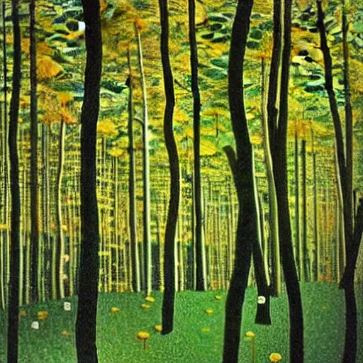 Image similar to Looking down at the forest floor, covered in fallen leaves, A green gold forest in Japan, dark, midnight, ghostly white trees, Gustav Klimt