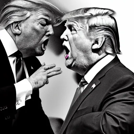 Prompt: trump yelling at trump, b&w photograph
