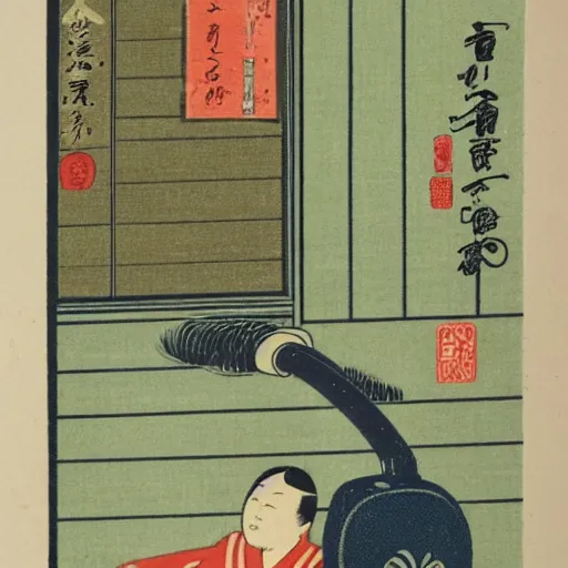 Image similar to japanese woodblock print of a vacuum cleaner