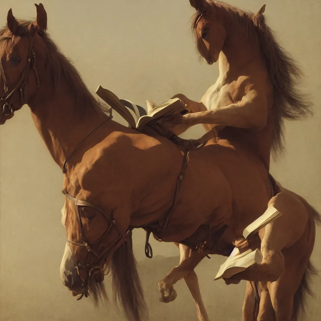 Image similar to a horse reading a book, cinematic lighting, evening sunlight, by roberto ferri and jeremy lipking, hyper detail, hyper realistic