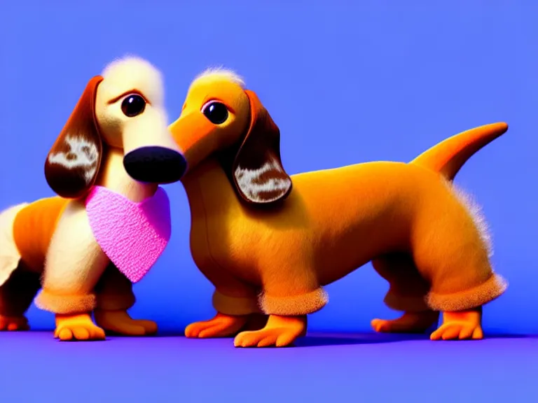 Prompt: high quality 3 d render hyperrealist very cute fluffy smooth dachshund plush mascot, long spiky fluffy hair, photo from the side, multi pastel colors, vray, smooth background, artstation, ultra detailed