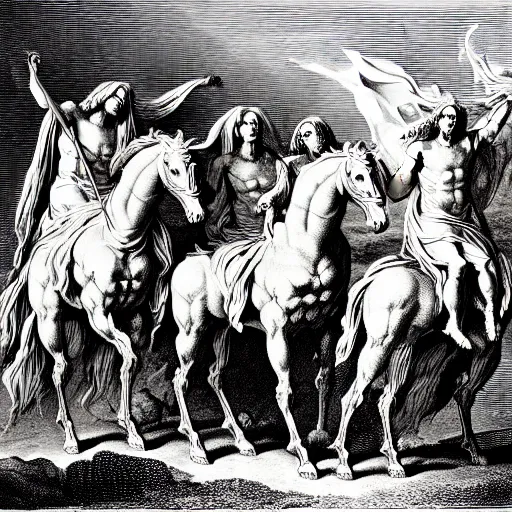 Prompt: the four horsemen of apocalypse, by gustav dore, black and white engraving