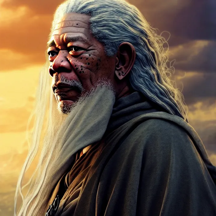 Image similar to morgan freeman starring as gandalf in lord of the rings, epic professional digital art, best on artstation, cgsociety, wlop, behance, pixiv, cosmic, epic, stunning, gorgeous, much detail, much wow, masterpiece by dorian cleavanger and stanley lau