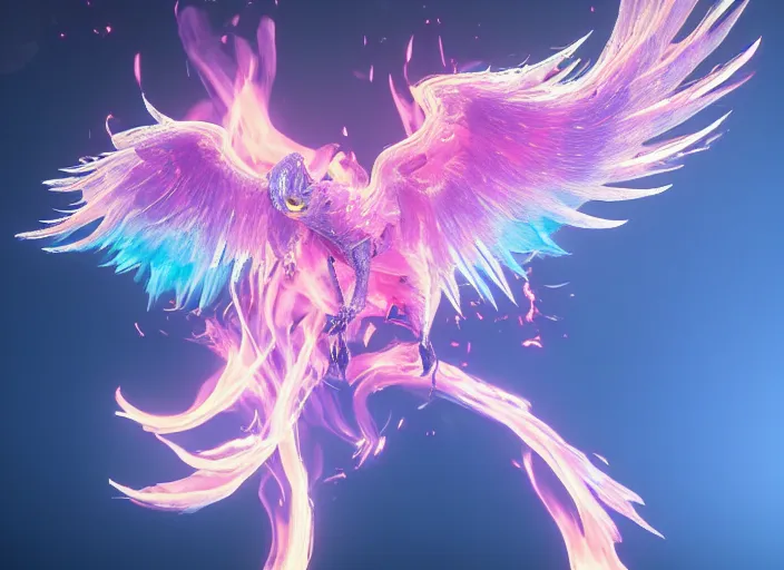 Image similar to pink and blue flaming phoenix, unreal engine 5, intricate, detailed, realistic