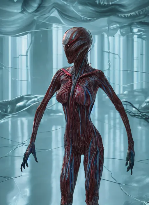 Image similar to alien woman, lake, clothes made out of veins, rgb, cables everywhere, bedroom, ultra realistic, concept art, intricate details, highly detailed, photorealistic, octane render, 8 k