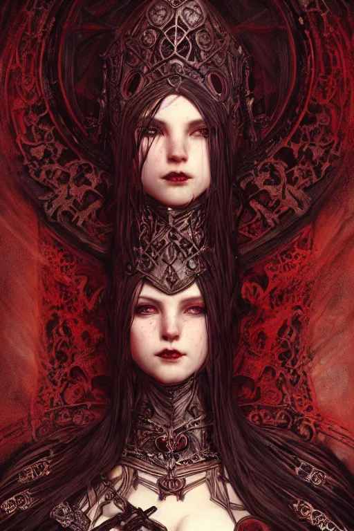 Image similar to beautiful luxury and gothic and victorian and evil medieval female reddish and black color armor knight portrait+smoky eyes+light flowing hair, in ruin gothic cathedral, ultradetail face, art and illustration by tian zi and craig mullins and WLOP and alphonse mucha, fantasy, intricate complexity, human structure, fantasy world concept, watermark, blurry, hyperrealism 8k