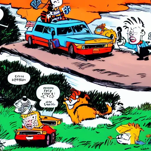 Image similar to wide angle shot of Donald trump driving a clown car over a cliff, Calvin and Hobbes,