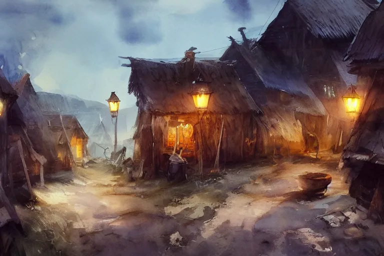 Image similar to paint brush strokes, abstract watercolor painting of rustic village at dusk, straw roof, viking town, lantern, ambient lighting, art by hans dahl, by jesper ejsing, art by anders zorn, wonderful masterpiece by greg rutkowski, cinematic light, american romanticism by greg manchess, creation by tyler edlin