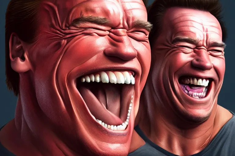 Image similar to Arnold Schwarzenegger laughing hysterically with crazy eyes, hyperrealistic, concept art, illustration, 8k, cinematic, digital painting, very detailed, volumetric lighting, artstation, octane render