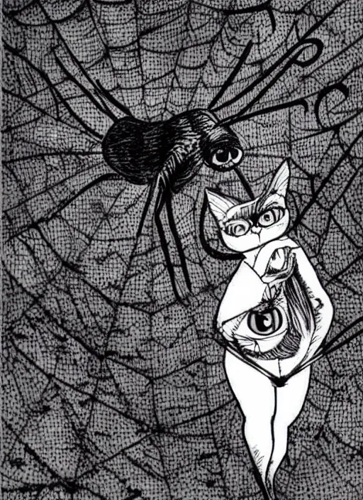 Image similar to a cat with spider legs and spider eyes, walking towards camera, highly detailed, by junji ito.