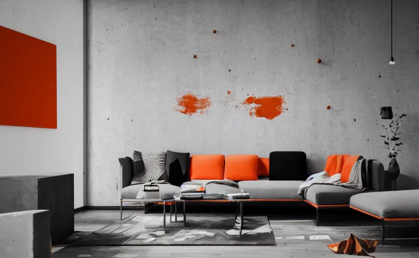 Prompt: a concrete room with a wooden table and a leather sofa and paintings on the wall, high quality, 8 k, architecture, symmetrical, harmonious, black white and orange colours, calm, high coherence, natural lighting, path traced, highly detailed, hyperrealistic, concept art, octane render, unreal engine 5, trending on artstation, beautiful, elegant
