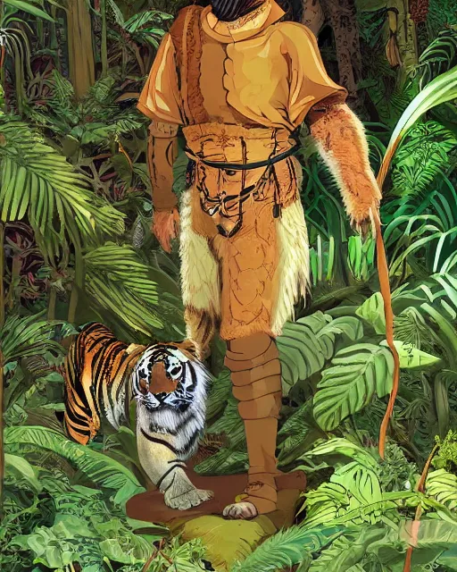 Image similar to portrait of a conquistador in a jungle, with a pet tiger, by nicola saviori, and dan mora, studio ghibli color scheme, highly detailed