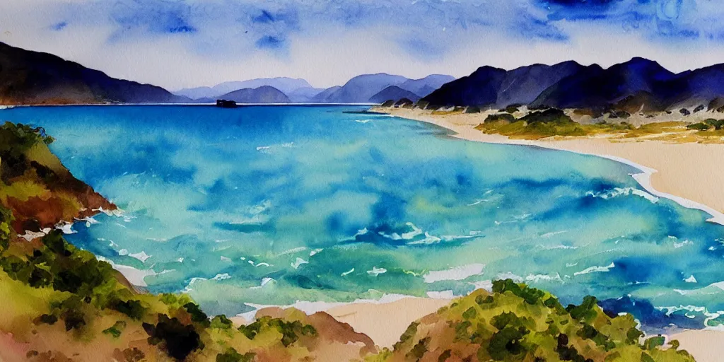 Image similar to golden bay new zealand, abel tasman, colorful watercolor painting, trending on artstation