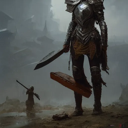 Prompt: an woman wearing metal scrap armor and an helmet holding an axe, Matte painting , detailed painting, made by Greg Rutkowski, 4k, atmospheric