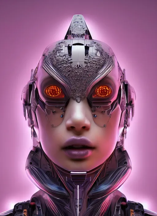 Prompt: beautiful portrait of an alien cyborg, style of Feng Zhu, Artstation geometric, aesthetic, smooth skin, unique features, symmetrical, intricate crown, high fashion, streetwear, cyberpunk, detailed, octane render, cinematic, 8k, purple skin,