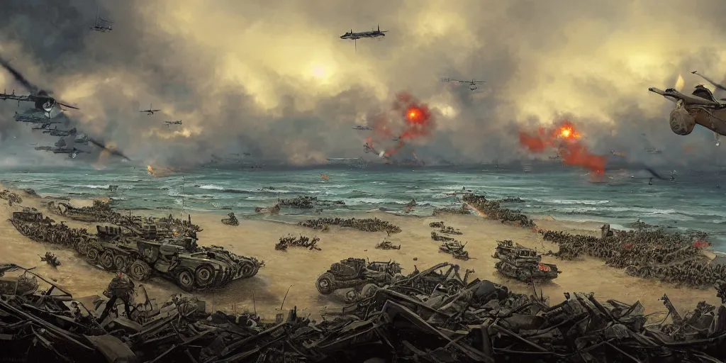 Prompt: d-day landing, ww2, world war 2, wide shot, landscape, by Jason Felix by Steve Argyle by Tyler Jacobson by Peter Mohrbacher