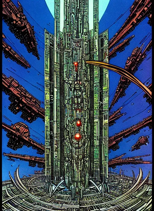 Prompt: a skyscraper with a huge doorway on an alien planet by philippe druillet.